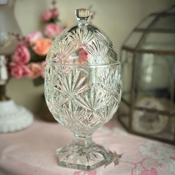 Vintage Cristal D'Arques-Durand Egg Covered Candy Compote Clear 6 Sided Stem - Picture 1 of 4